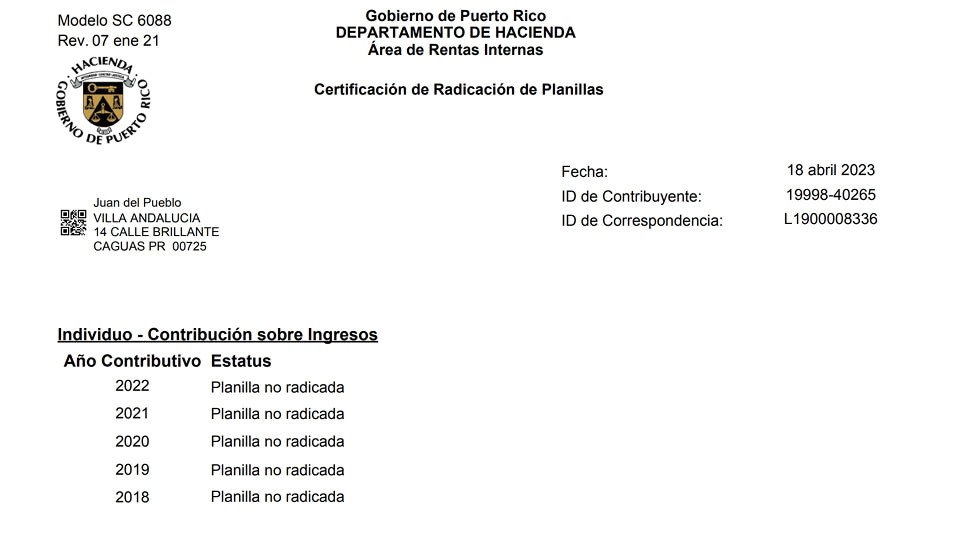 Certificación de Radicación de Planillas